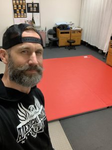 Kru Dave in training room waiting for MJK